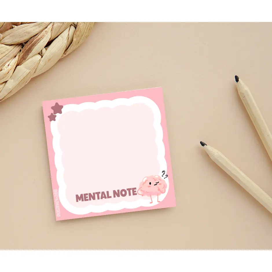 Mental Note Sticky Note Pad – Cute Brain Design, Funny Office Stationery for Work or School