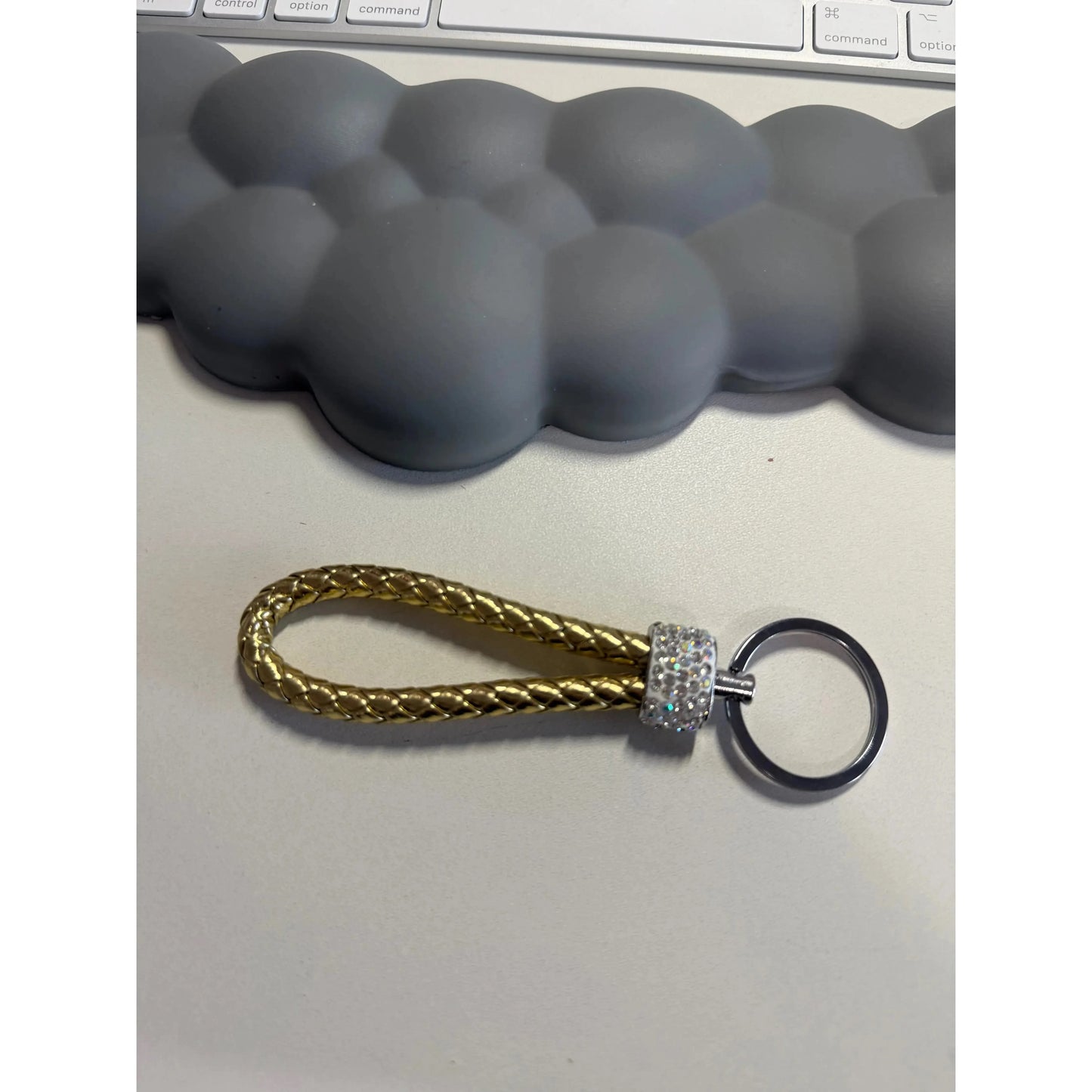 Gray Colorful Braided Leather Keychain with Rhinestones – Unisex Strap Keyring for Car, Home & Bags