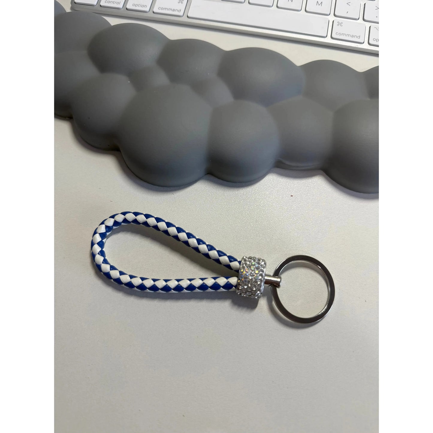 Gray Colorful Braided Leather Keychain with Rhinestones – Unisex Strap Keyring for Car, Home & Bags