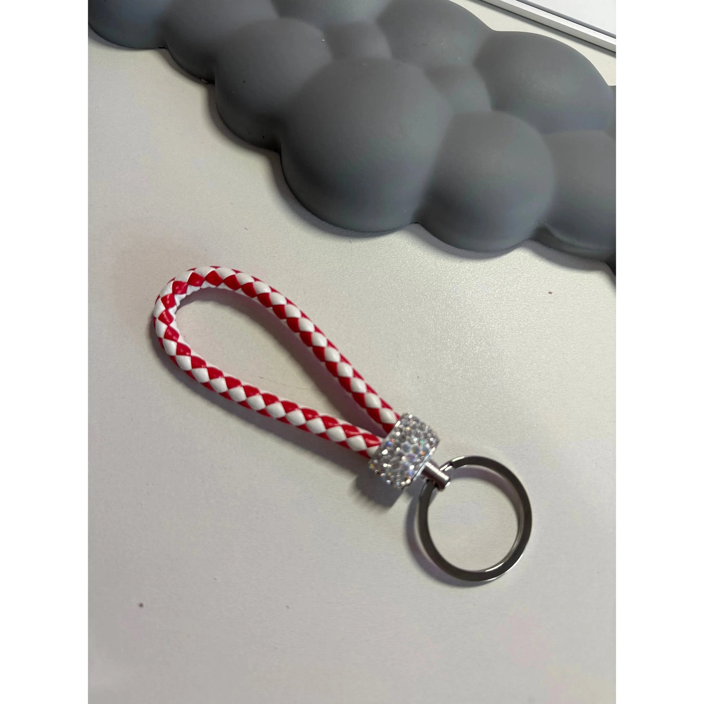 Gray Colorful Braided Leather Keychain with Rhinestones – Unisex Strap Keyring for Car, Home & Bags