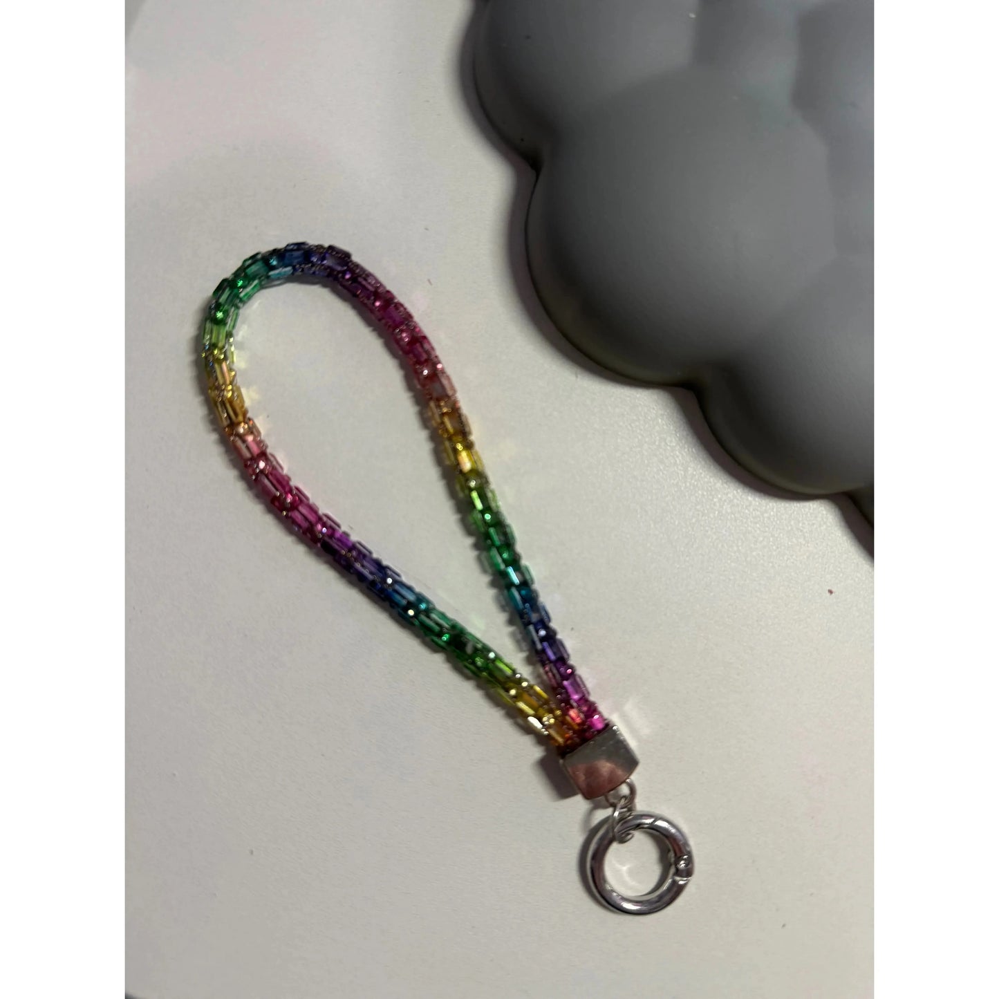Gray Colorful Braided Leather Keychain with Rhinestones – Unisex Strap Keyring for Car, Home & Bags