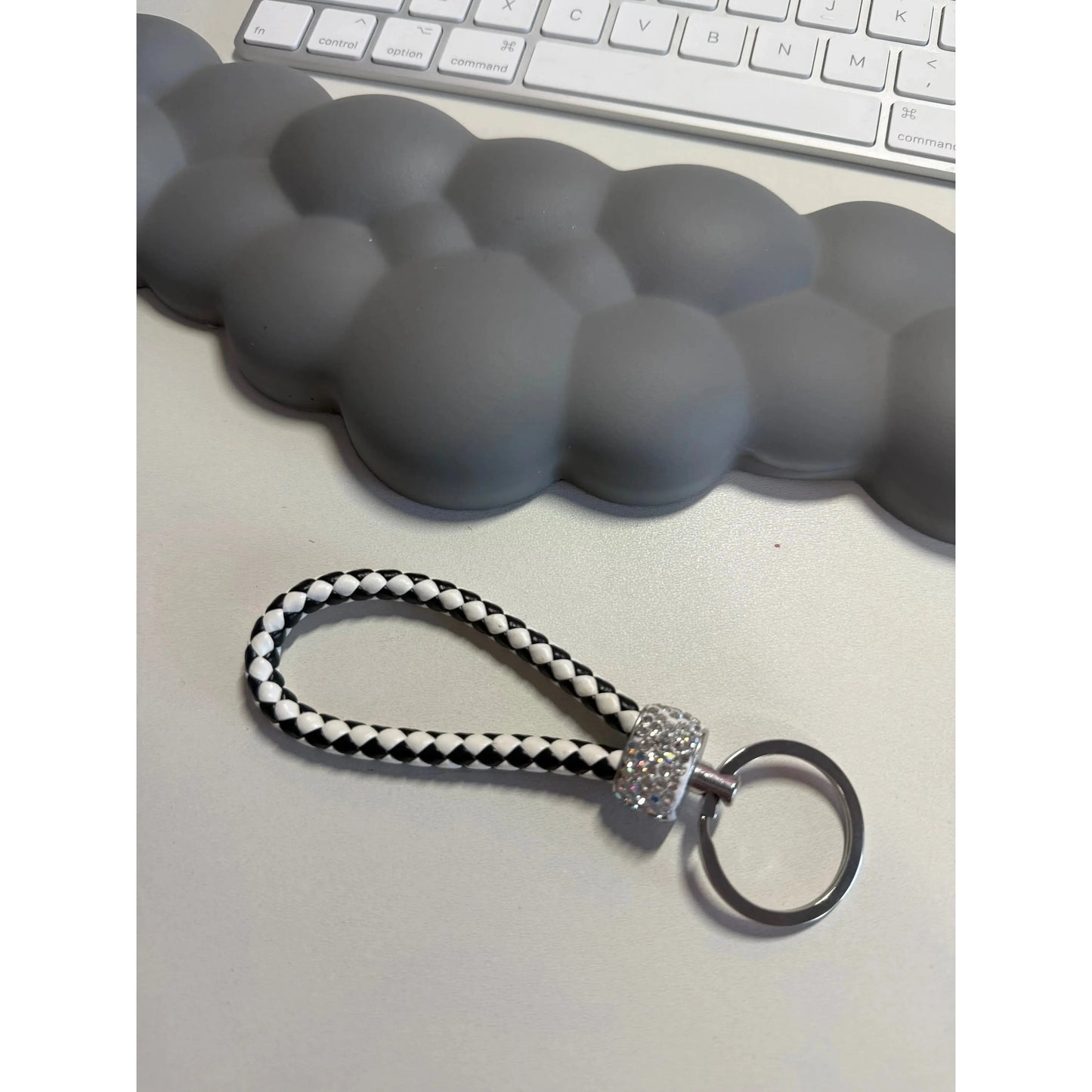 Gray Colorful Braided Leather Keychain with Rhinestones – Unisex Strap Keyring for Car, Home & Bags