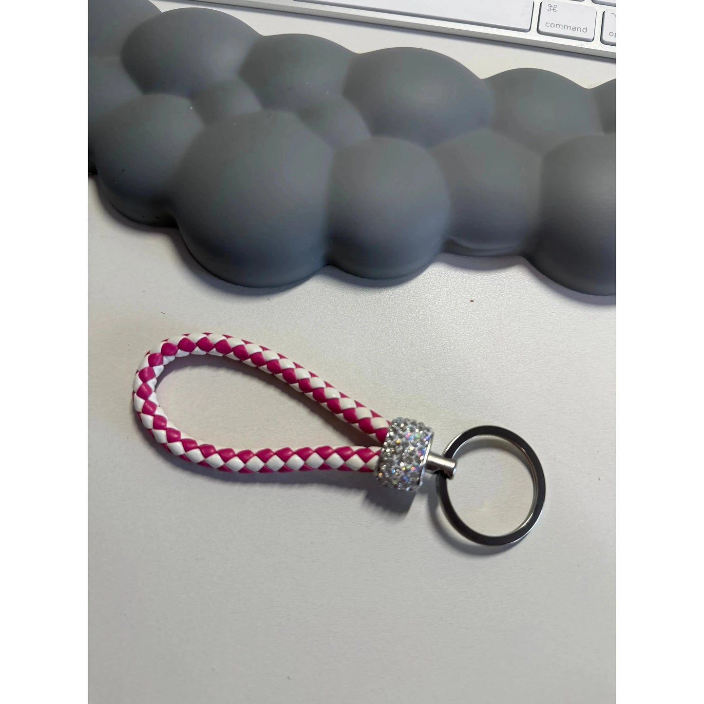 Gray Colorful Braided Leather Keychain with Rhinestones – Unisex Strap Keyring for Car, Home & Bags
