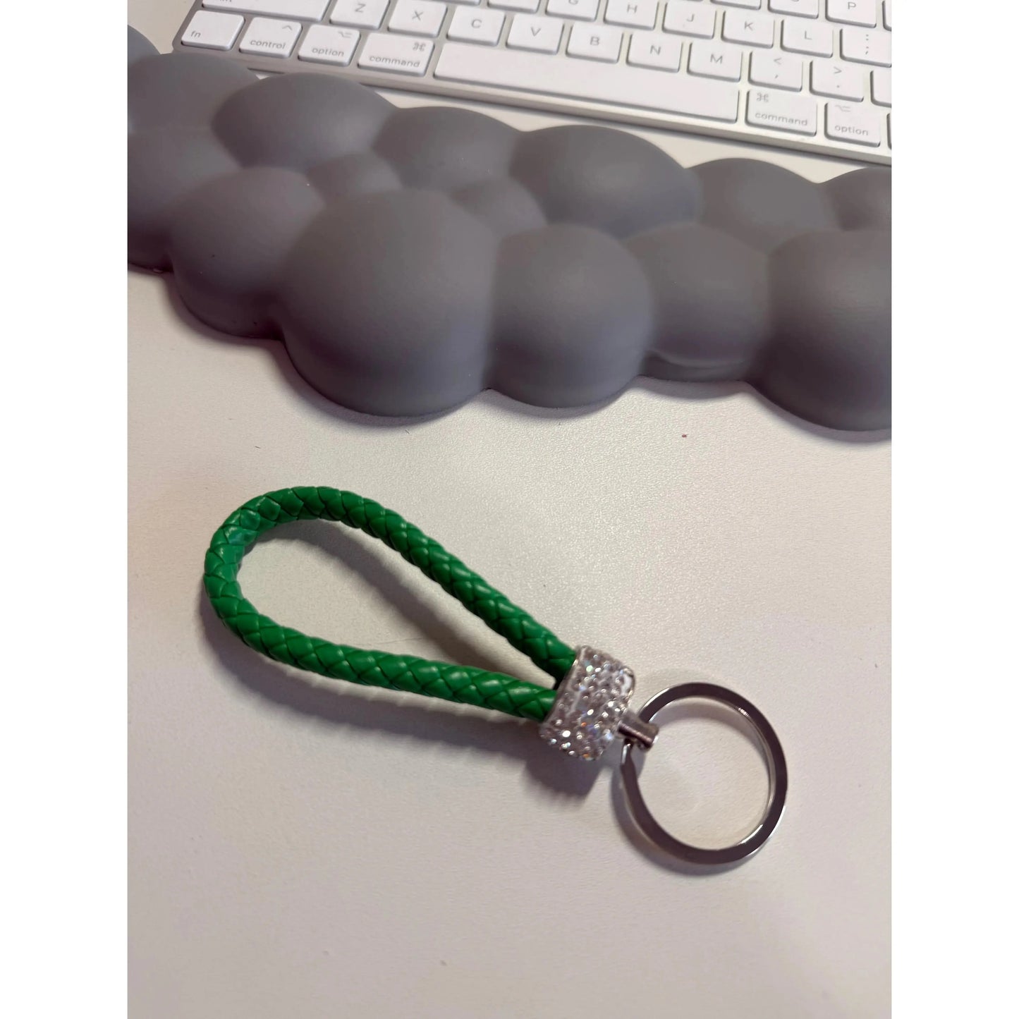 Gray Colorful Braided Leather Keychain with Rhinestones – Unisex Strap Keyring for Car, Home & Bags