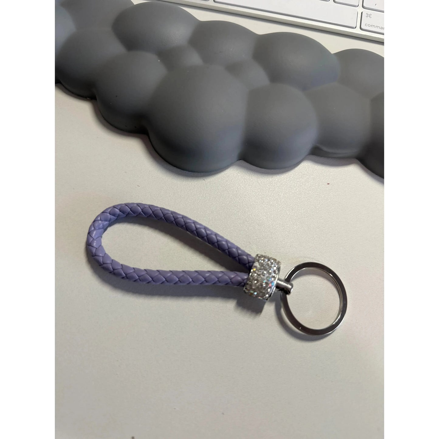 Gray Colorful Braided Leather Keychain with Rhinestones – Unisex Strap Keyring for Car, Home & Bags