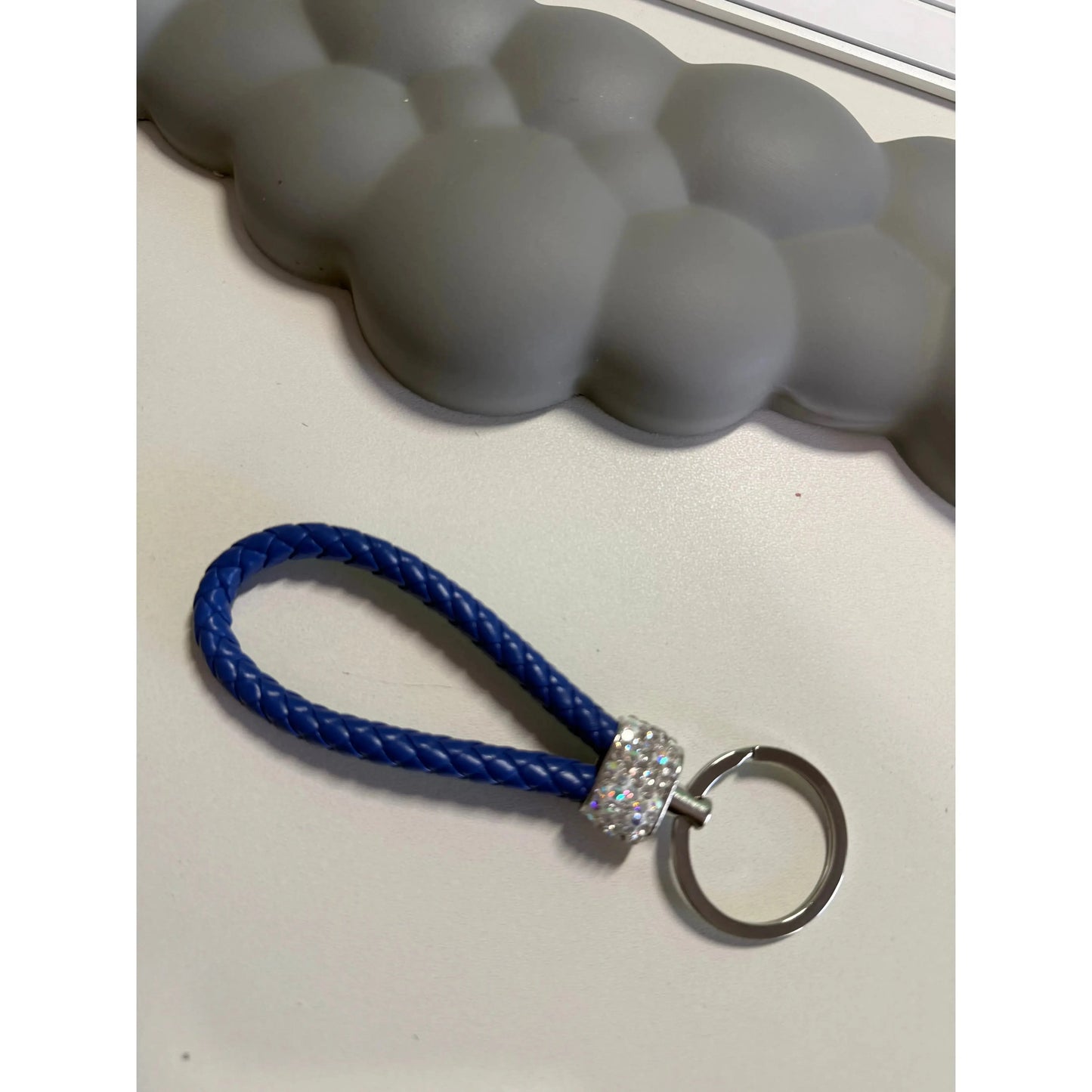Gray Colorful Braided Leather Keychain with Rhinestones – Unisex Strap Keyring for Car, Home & Bags