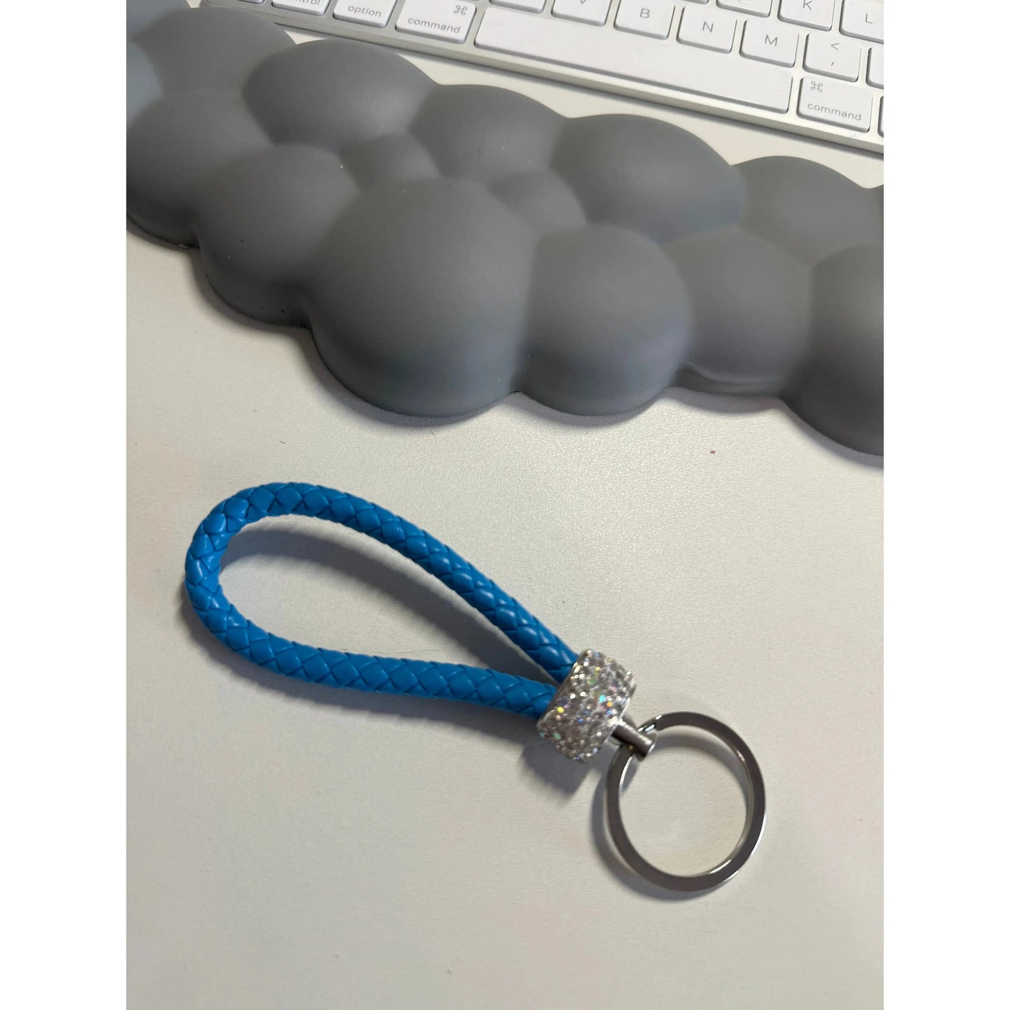 Gray Colorful Braided Leather Keychain with Rhinestones – Unisex Strap Keyring for Car, Home & Bags