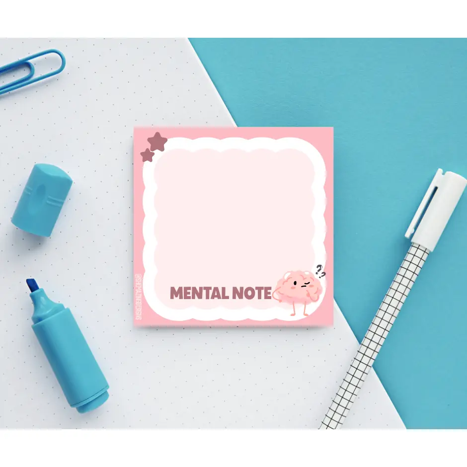 Mental Note Sticky Note Pad – Cute Brain Design, Funny Office Stationery for Work or School