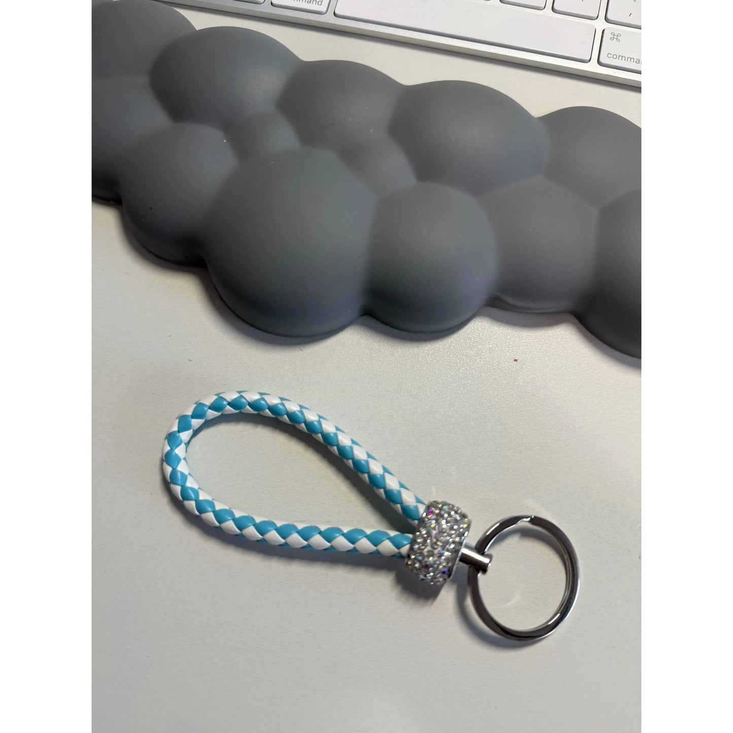 Gray Colorful Braided Leather Keychain with Rhinestones – Unisex Strap Keyring for Car, Home & Bags