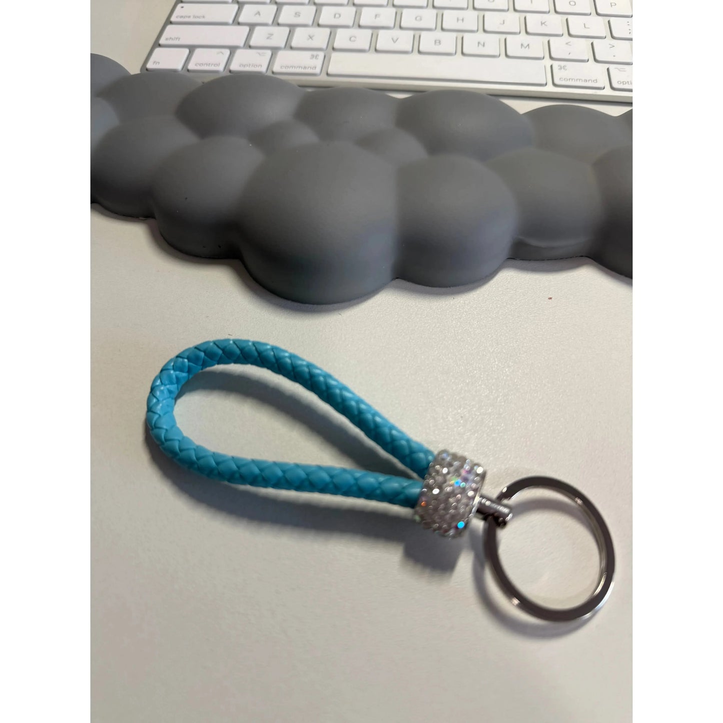Gray Colorful Braided Leather Keychain with Rhinestones – Unisex Strap Keyring for Car, Home & Bags