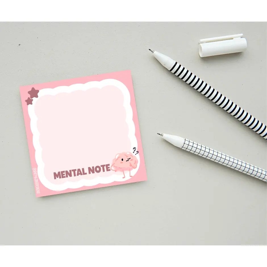 Mental Note Sticky Note Pad – Cute Brain Design, Funny Office Stationery for Work or School