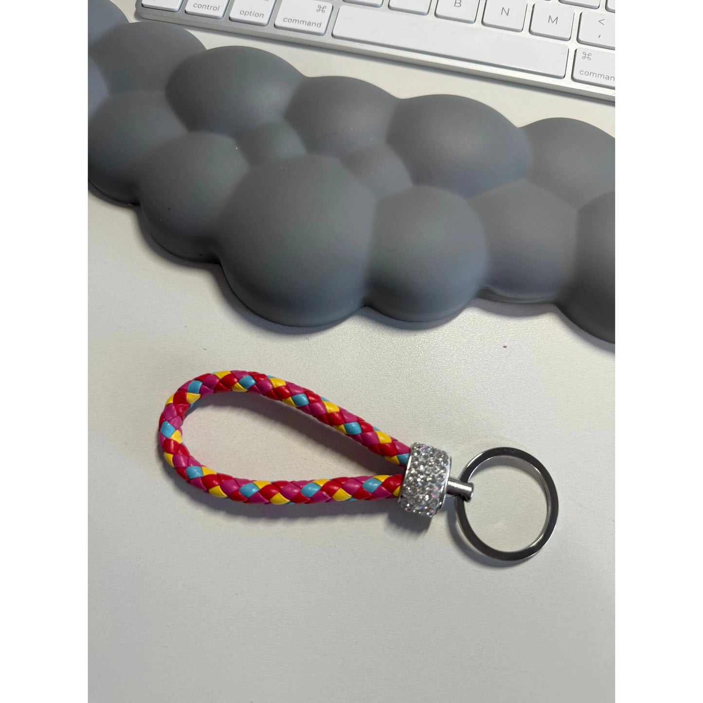 Gray Colorful Braided Leather Keychain with Rhinestones – Unisex Strap Keyring for Car, Home & Bags