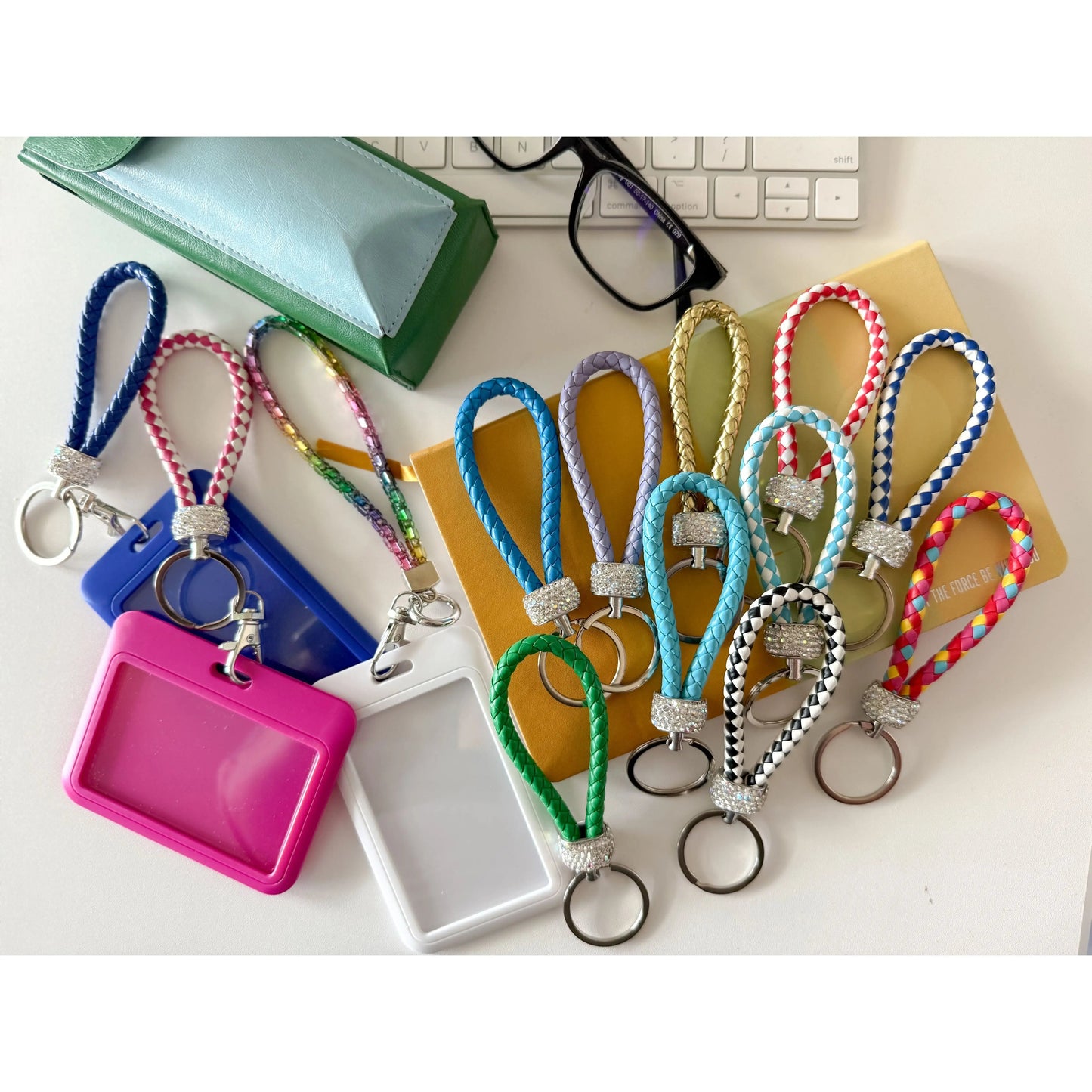 Gray Colorful Braided Leather Keychain with Rhinestones – Unisex Strap Keyring for Car, Home & Bags