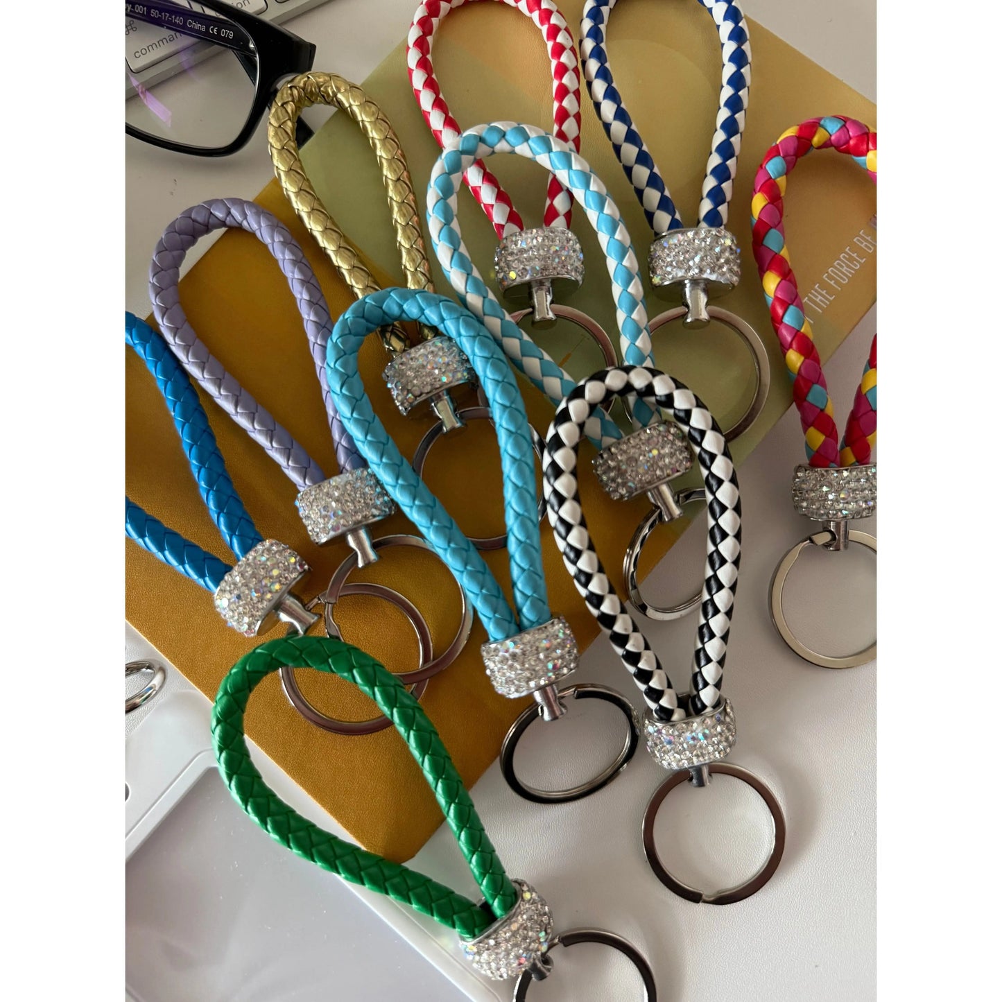 Dim Gray Colorful Braided Leather Keychain with Rhinestones – Unisex Strap Keyring for Car, Home & Bags