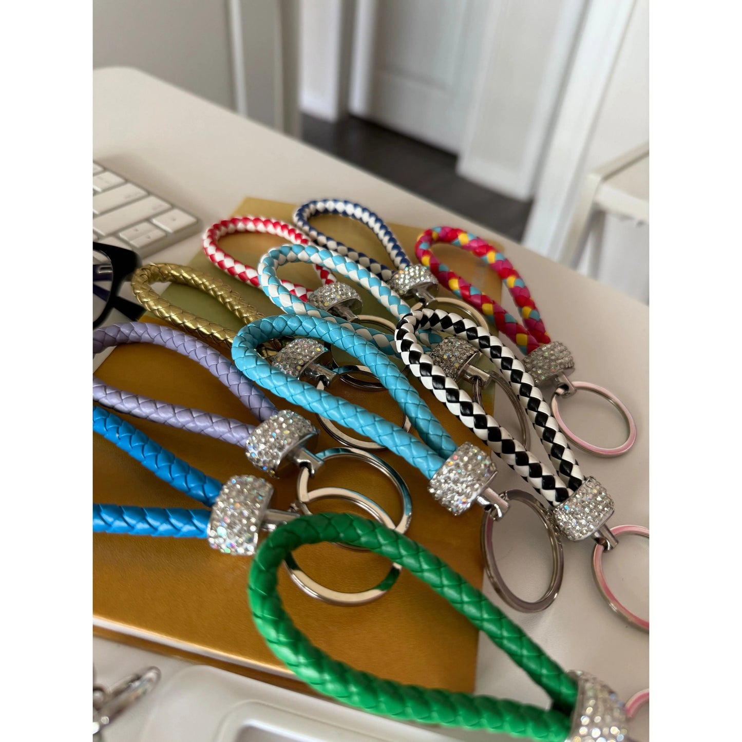 Dark Gray Colorful Braided Leather Keychain with Rhinestones – Unisex Strap Keyring for Car, Home & Bags